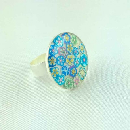 Bague résine Fleurs bleu