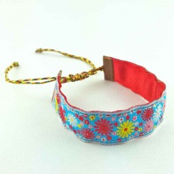 Bracelet ruban fleurs rouge et bleu