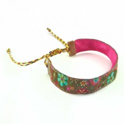 Bracelet ruban fleurs kaki lurex