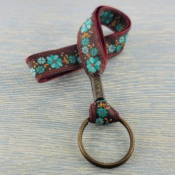 Porte-clefs dragonne fleurs turquoise